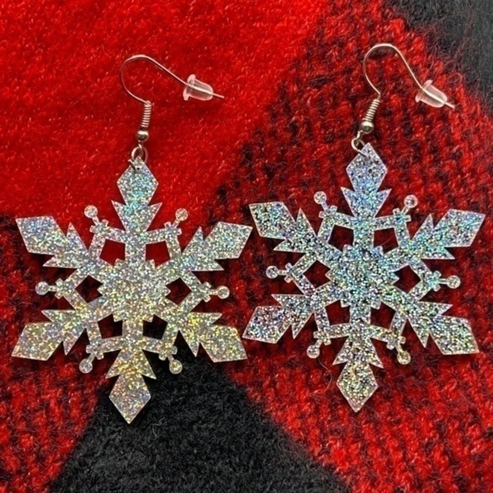 Acrylic Snowflake Glitter‎ Earrings Winter Christmas Dangle Wire Hook Earrings